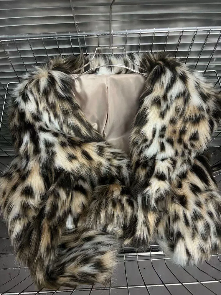 2024 Winter New Fashion Leopard Print Lapel Fur Coat For Women Loose Casual Lapel Long Sleeve Short Jacket Female