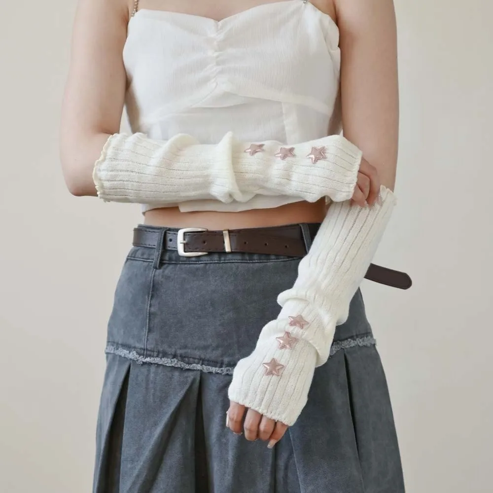 Elastic Knitted Fingerless Sleeves Long Gothic Y2K Star Arm Cover Half Palm Solid Color Warmer Long Cuff Cycling