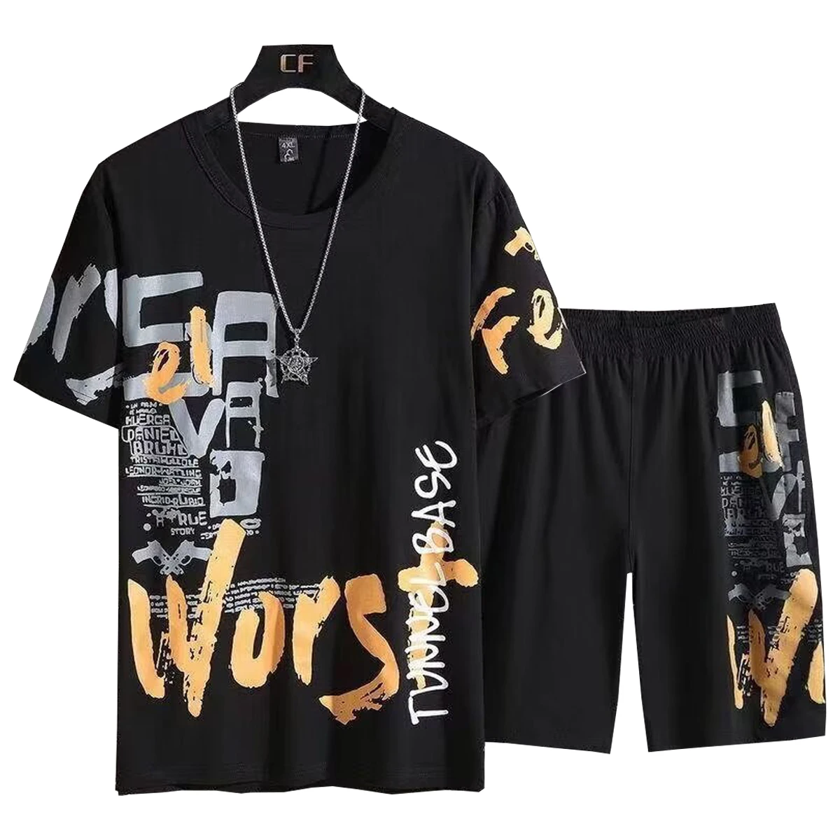 Men's Short Sleeved T-shirt Casual Shorts Set Round Neck Fashionable Printed Five Quarter Shorts Spring Summer Young People