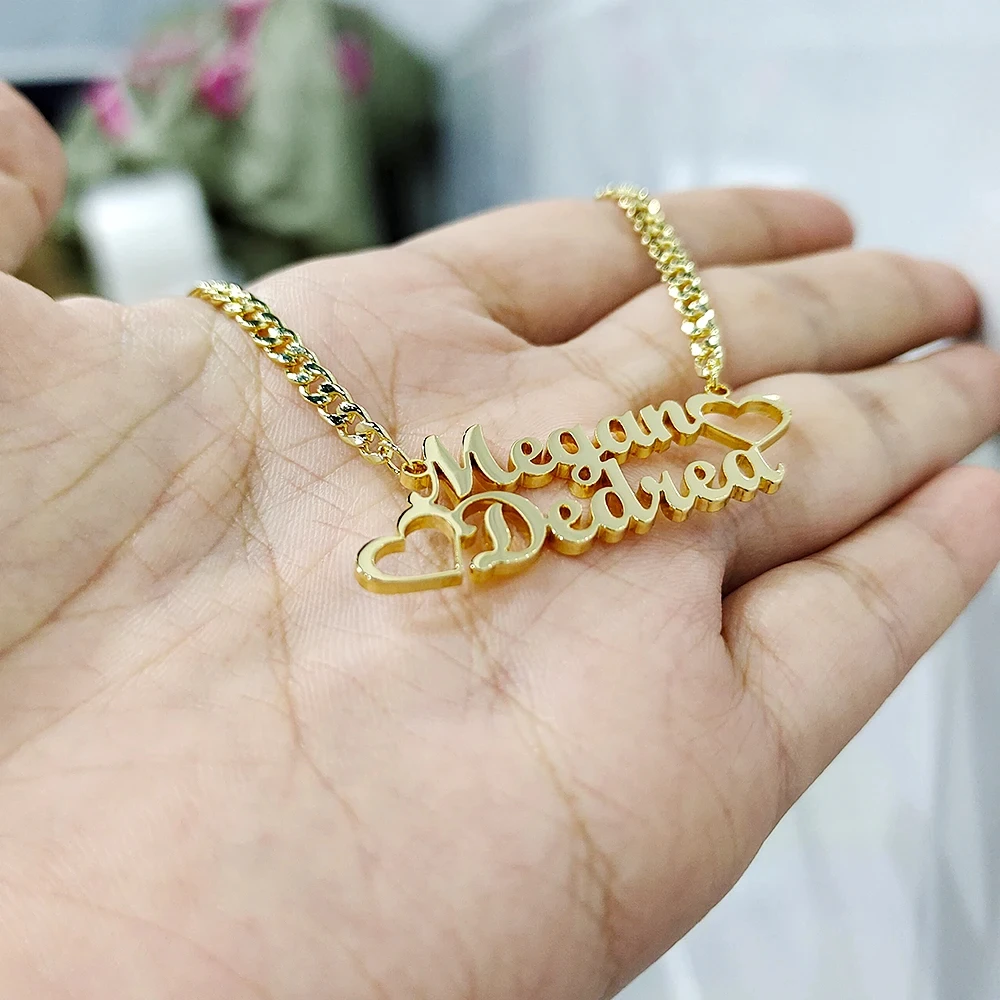 Customized Personalized Cuban Necklace Chain Letter Pendant Necklace Double Name Heart Necklace Women\'s and Men\'s Jewelry Gifts