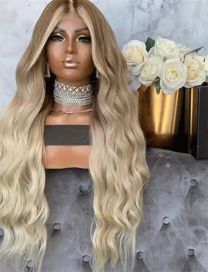 

Синтетический парик с волнистыми волнами, длинный светлый парик с темными корнями для женщин, 13*4, прозрачный кружевной парик для натуральных волос, бесклеевой парик