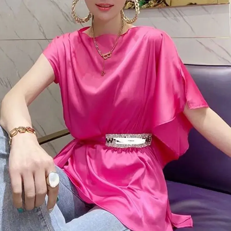 Stylish Waist Bandage Diamonds Shirt Female Clothing Elegant Slash Neck Summer Casual Batwing Sleeve Basic Solid Color Blouse