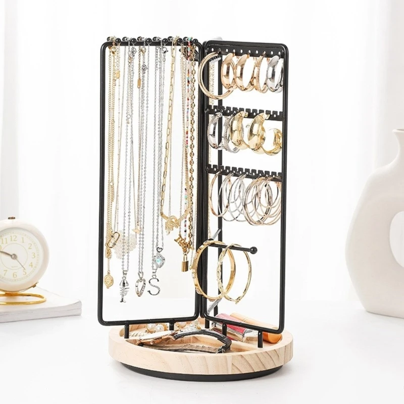 Adjustable Rotating Earring Display Stand Stylish Jewelry Storage Rack Multiple Slots Necklace Display Stand Rack with Wood Base