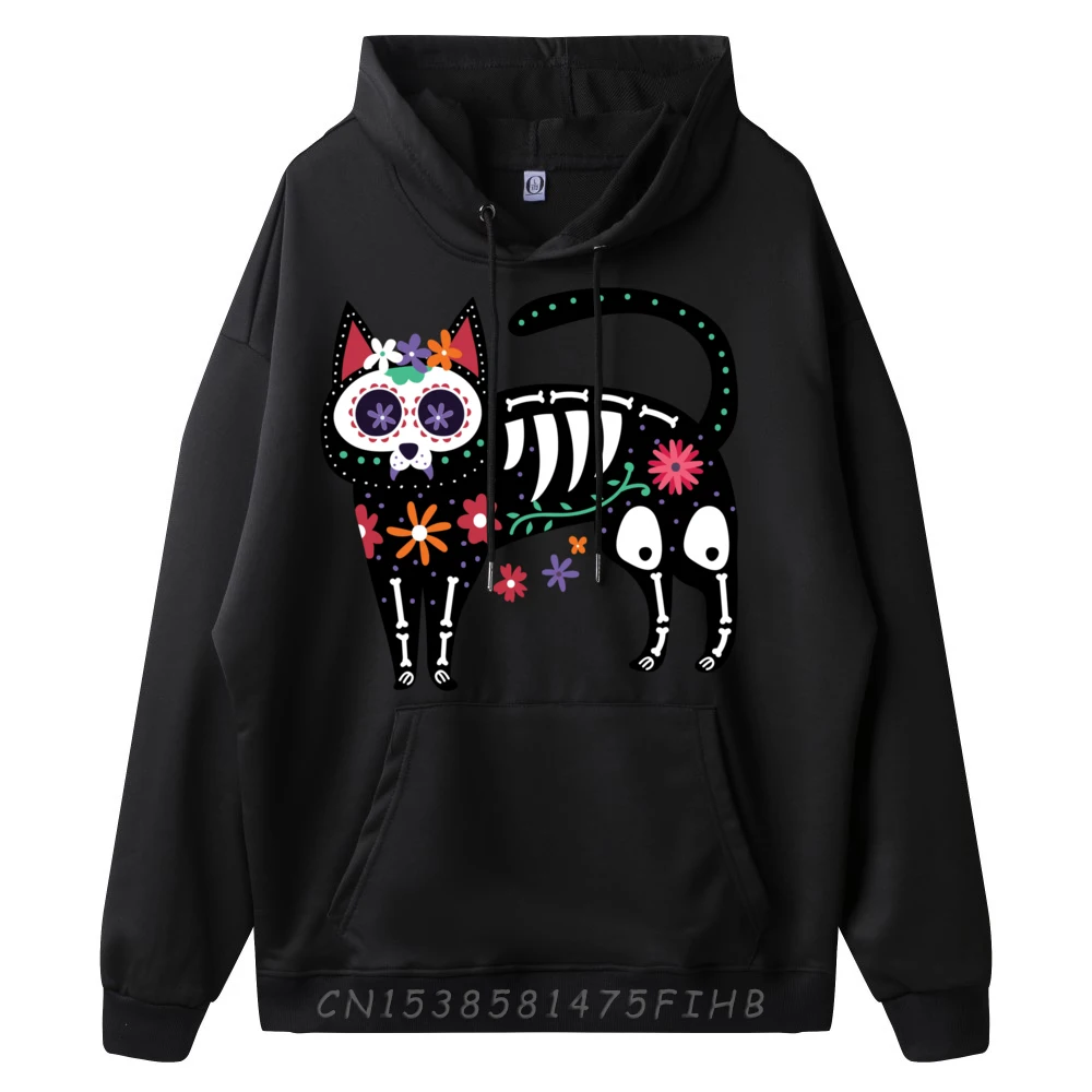 Sugar Skull Black Cat Day Of Dead Cute Mexican Skeleton Fashion Hoodie Men Graphic Pullover Hoodies