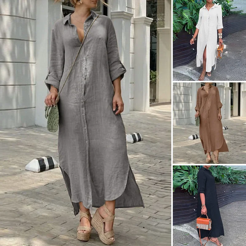 Summer Women's Long Dress  New Women's Solid Color Retro Cotton  Linen Shirt Lapel Button Long Dress