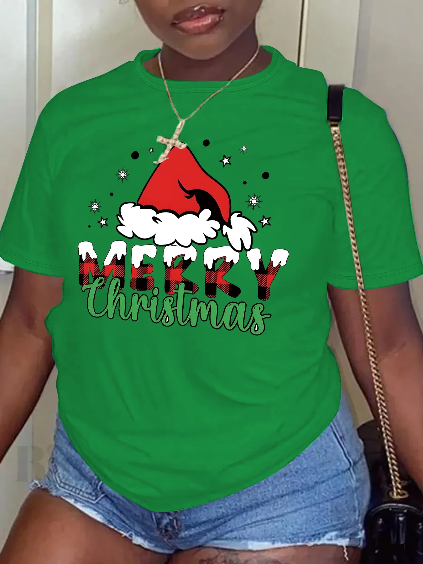 Artı Boyutu kadın T-shirt Yaz Rahat Kısa Kollu Yuvarlak Boyun Baskılı Grafik Noel Şapka Mektup MERRY Artı Boyutu T-shirt