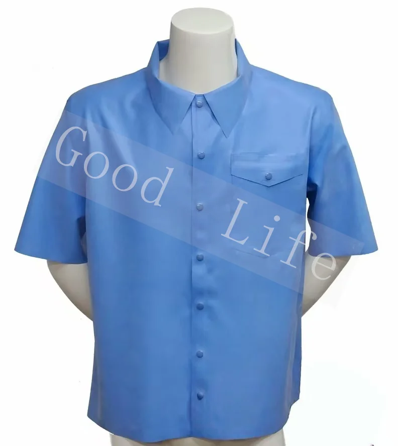 

Fetish Natural Latex Men Short Sleeves T-Shirt Sexy Male Latex Loose Top Rubber Men's Polo Shirt Front Button Halloween Cos Wear