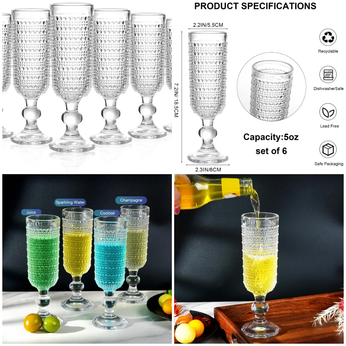 

6 PCS Vintage Champagne Flutes, 5 oz Clear Hobnail Goblets for Wedding Party & New Year's Eve