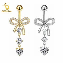 G23Titan Crystal Bowknot Heart Drop Belly Button Ring 6-16mm Titanium Curved Barbell 14G Navel Piercing Women Girls Body Jewelry