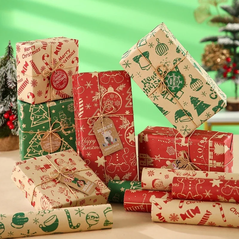 Vintage Christmas Thick Kraft Packaging Paper Christmas Snowman Elk Printed Pattern Gift Wrapping Craft Paper 50x70cm 10pcs