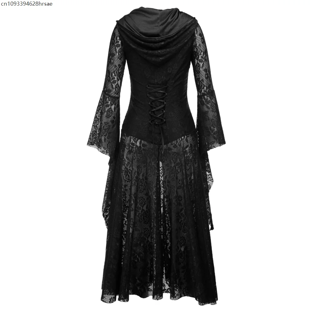 Halloween Hooded Black Lace Gothic Clothes Lolita Dresses for Women Flare Sleeve Lace-Up Back Medieval Vintage Maxi Dress