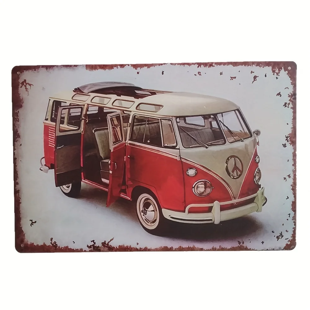 2026 2D Flat Metal Sign Vintage Hippie Van Retro Camper Metal Wall Art 60s 70s Aesthetic Rustic Decor for Garage Bar Home