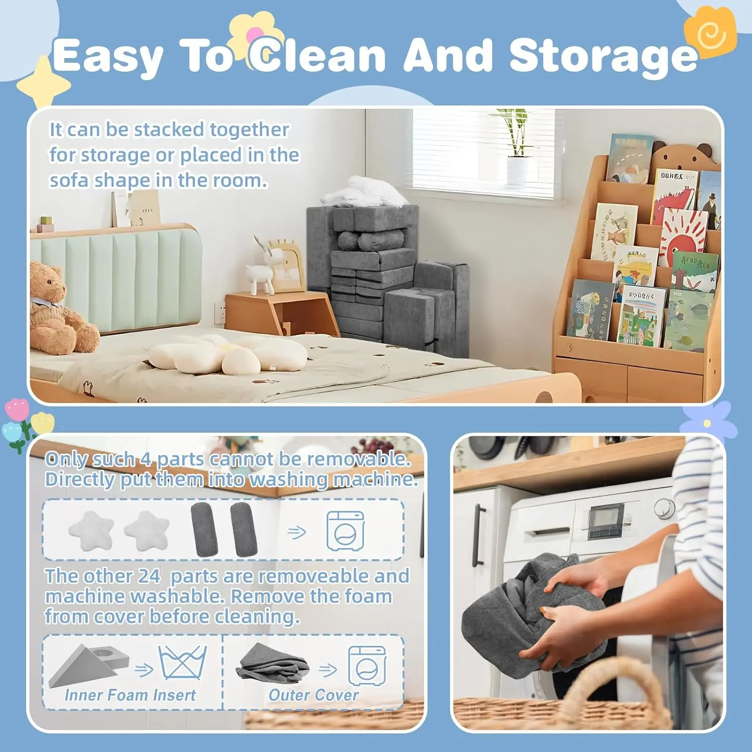 Conjunto de sofá infantil modular com 28 blocos de espuma para construção DIY, dobras e jogo de sofá em cinza escuro