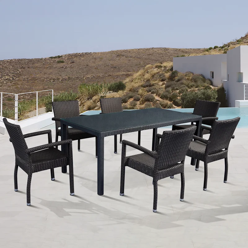 Modern Black Patio Cafe Furniture 7 Piece Wicker Set  Rattan Aluminum Outdoor Garden Porch Dining Table and 6 Seater Chairs