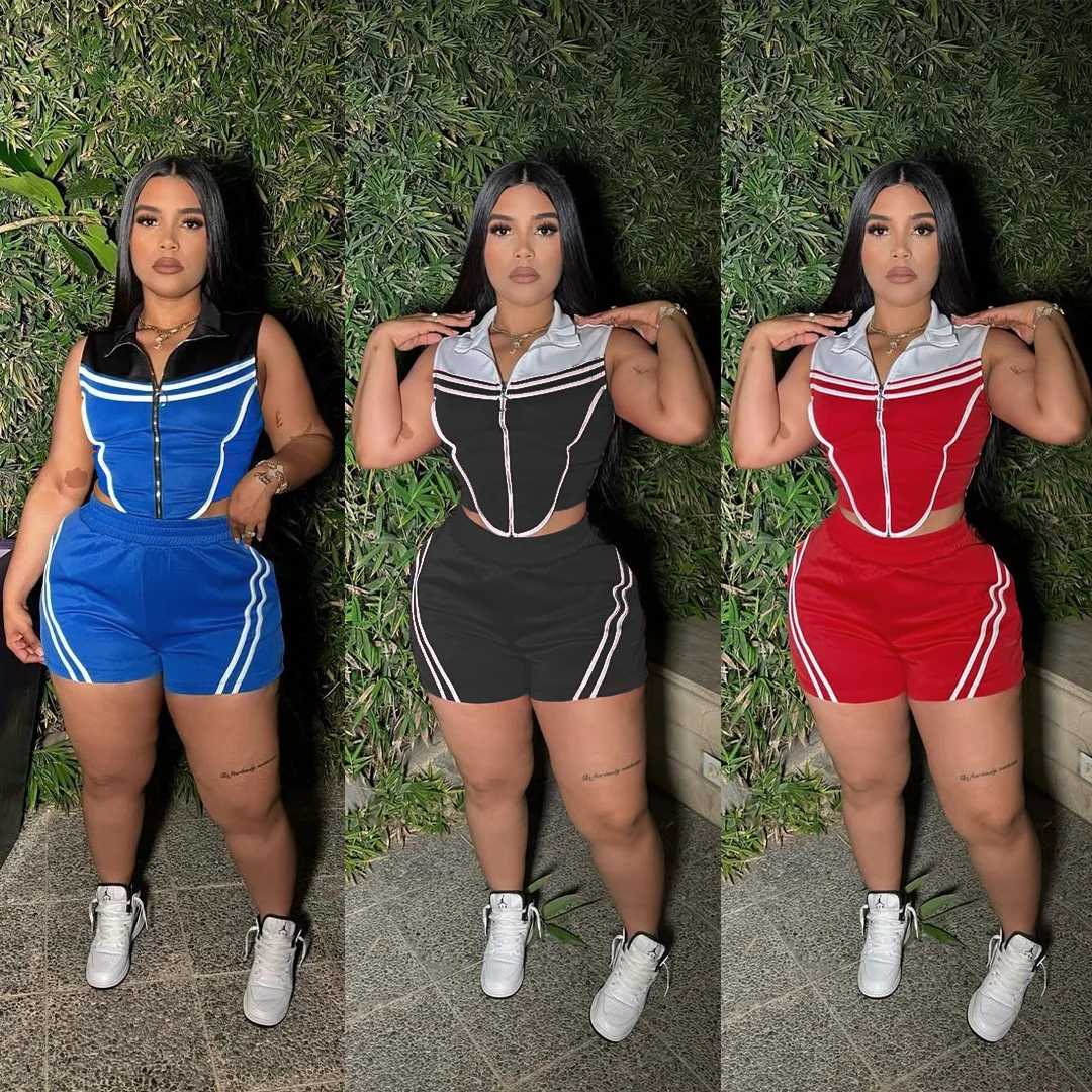 

Fitness Women 2 Piece Set Zipper Front Sleeveless Crop Top Striped Skinny Shorts Matching Set 2025 Summer Sporty Tracksuits