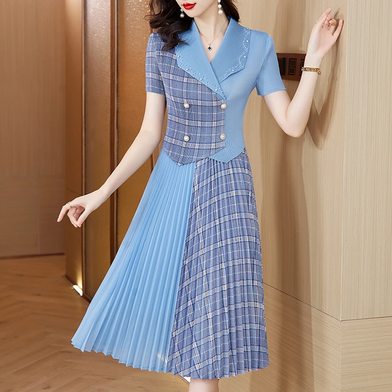 

Korean Fashion Bodycon Office Lady Dress Summer Blue Pleated Patchwork Plaid Midi Dress Elegant Casual Party Evening Dress