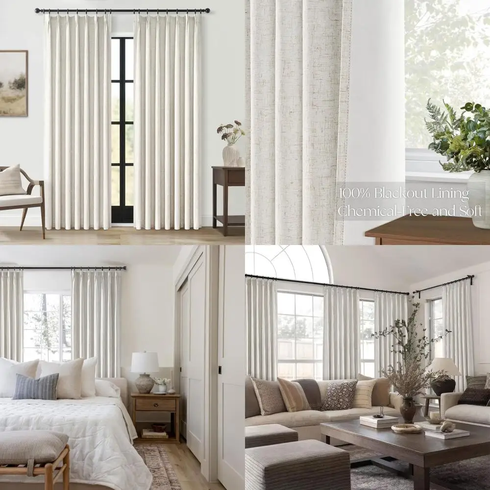 

90 Blackout Linen Curtains, Pinch Pleated Soundproof Panels, Oatmeal Lined Drapes Set for Bedroom & Living Room