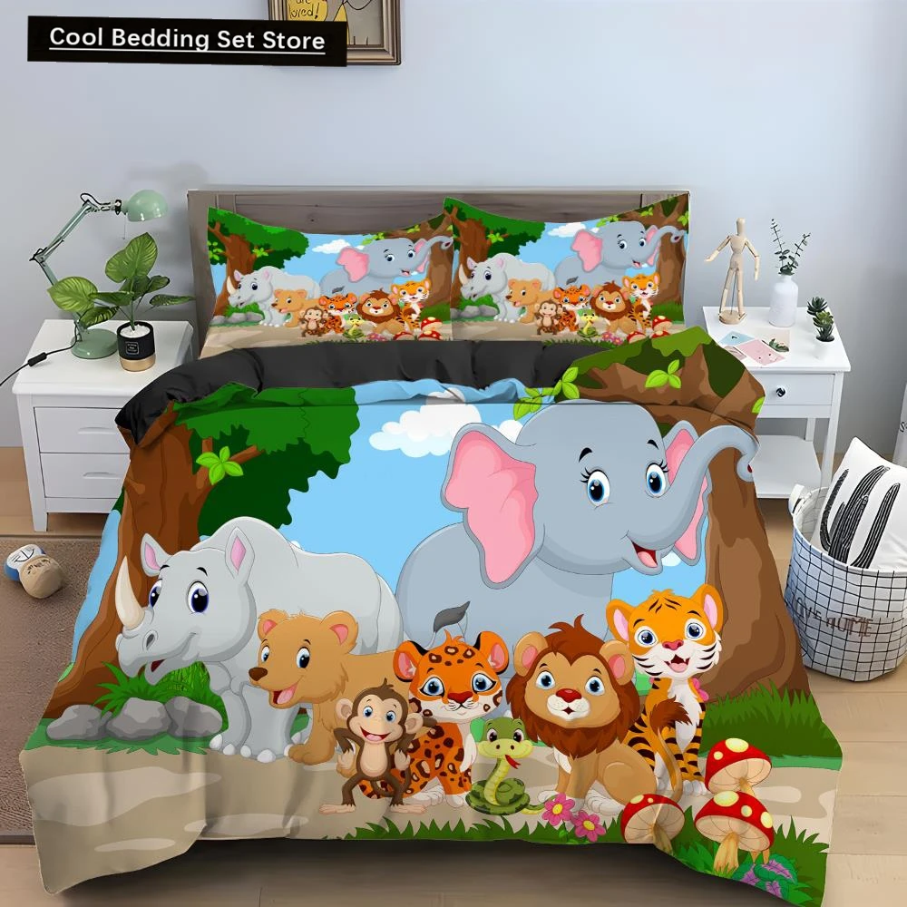 Cartoon Animal King Queen Duvet Cover Elephant Tiger Lion Rhinoceros Bedding Set Wildlife Quilt Cover Polyester Comforter Cover