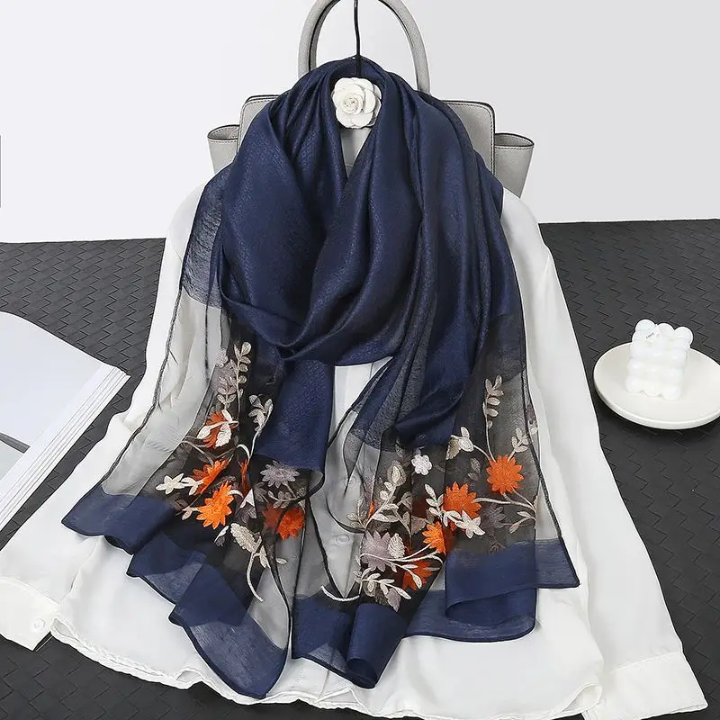 2024 Women Embroidery Solid Color Elegant Chiffon Georgette Scarf Summer Beach Silk Feeling Travel Sun Protection Thin L74