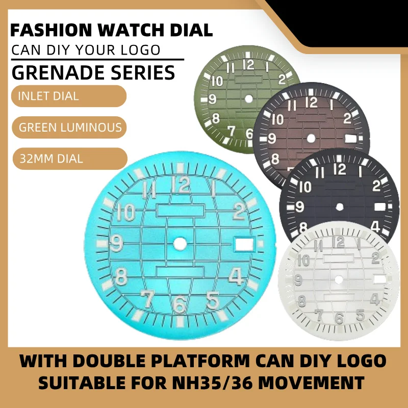 Custom logo 32mm single calendar hand grenade series double platform Super green luminous watch dial for NH35 NH36 movement