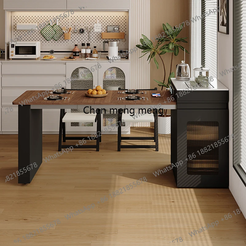 

Solid Wood Foldable & Extendable Kitchen Island Multifunctional Compact Dining Table Set with Full Storage Small Space ​​