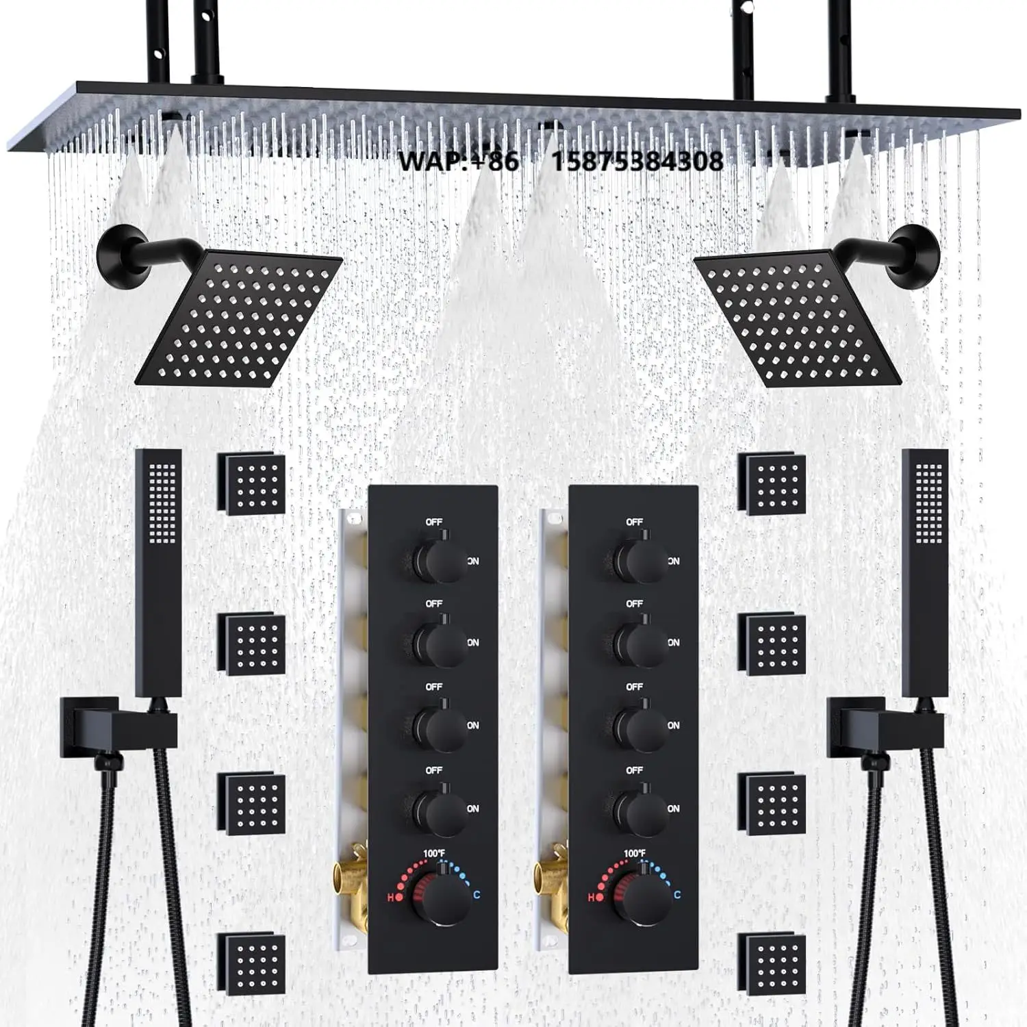 Ceiling Blackened Brass Thermostatic Faucets Shower System Set with Rain LED Top Shower Head