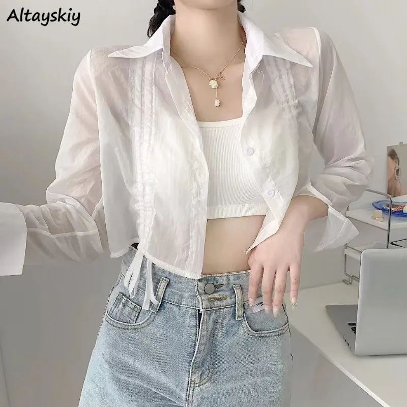 White Shirts Women Literary Simple Sun-proof Thin Summer Hotsweet Sheer Female Graceful Korean Style Loose Breathable All-match