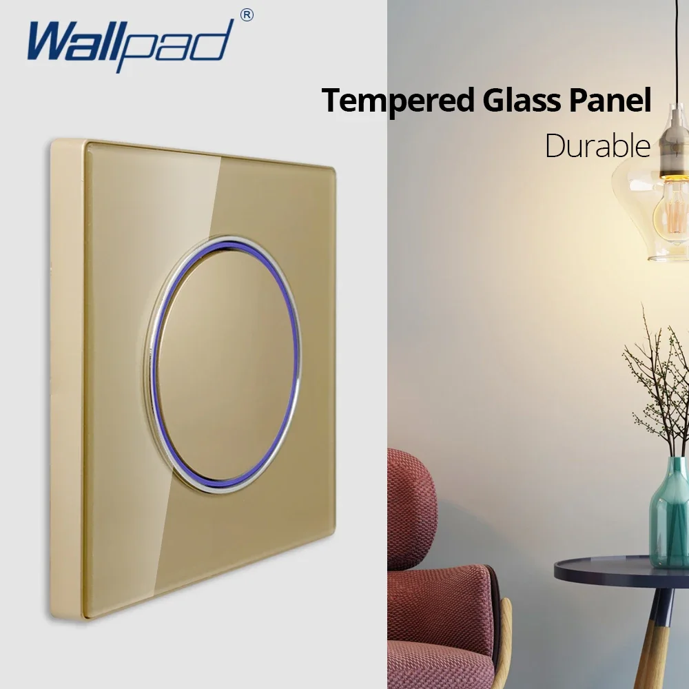 Wallpad painel de vidro dourado grande círculo azul led indicador botão interruptor de luz de parede e tomada elétrica ac 110-220v