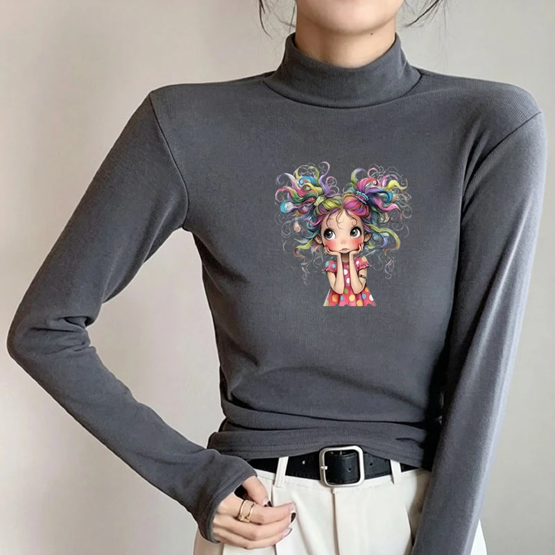 2026 New Autumn Winter Thermal Brushed Fleece Long Sleeve Graphic Print T shirt Blouses Female Warm Shirt Women Top