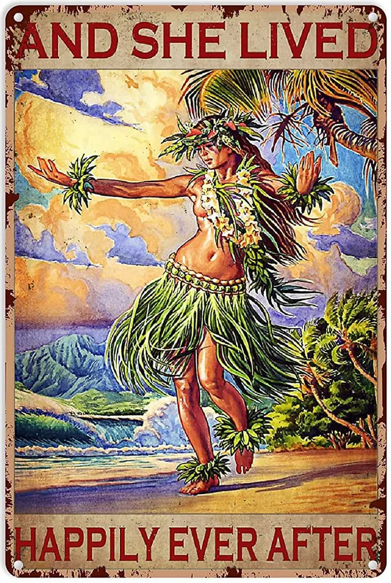 Krouterebs Retro Tin Sign Hawaiian Hula Girl – and She Lived Happily Ever After Vintage Cute Metal Sign Gift Bedroom Retro  sign