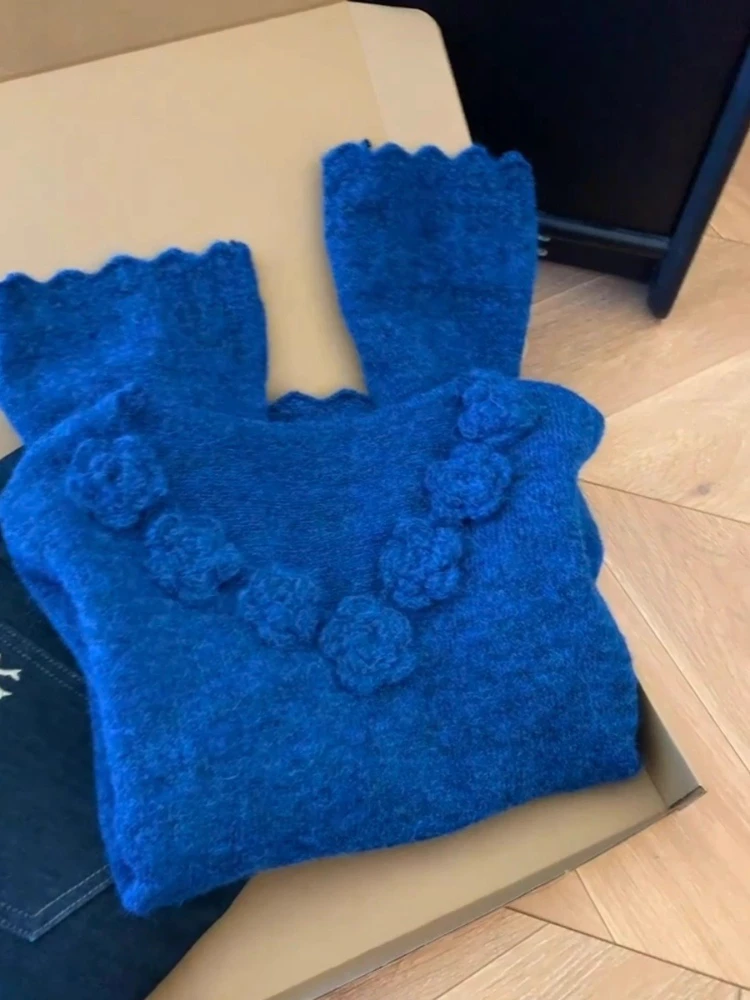 المرأة خريف شتاء جديد كسول قاع بلوفر مغزول Y2k فضفاض كم طويل بلايز الأزرق ثلاثية الأبعاد زهرة سترة برقبة على شكل v #2