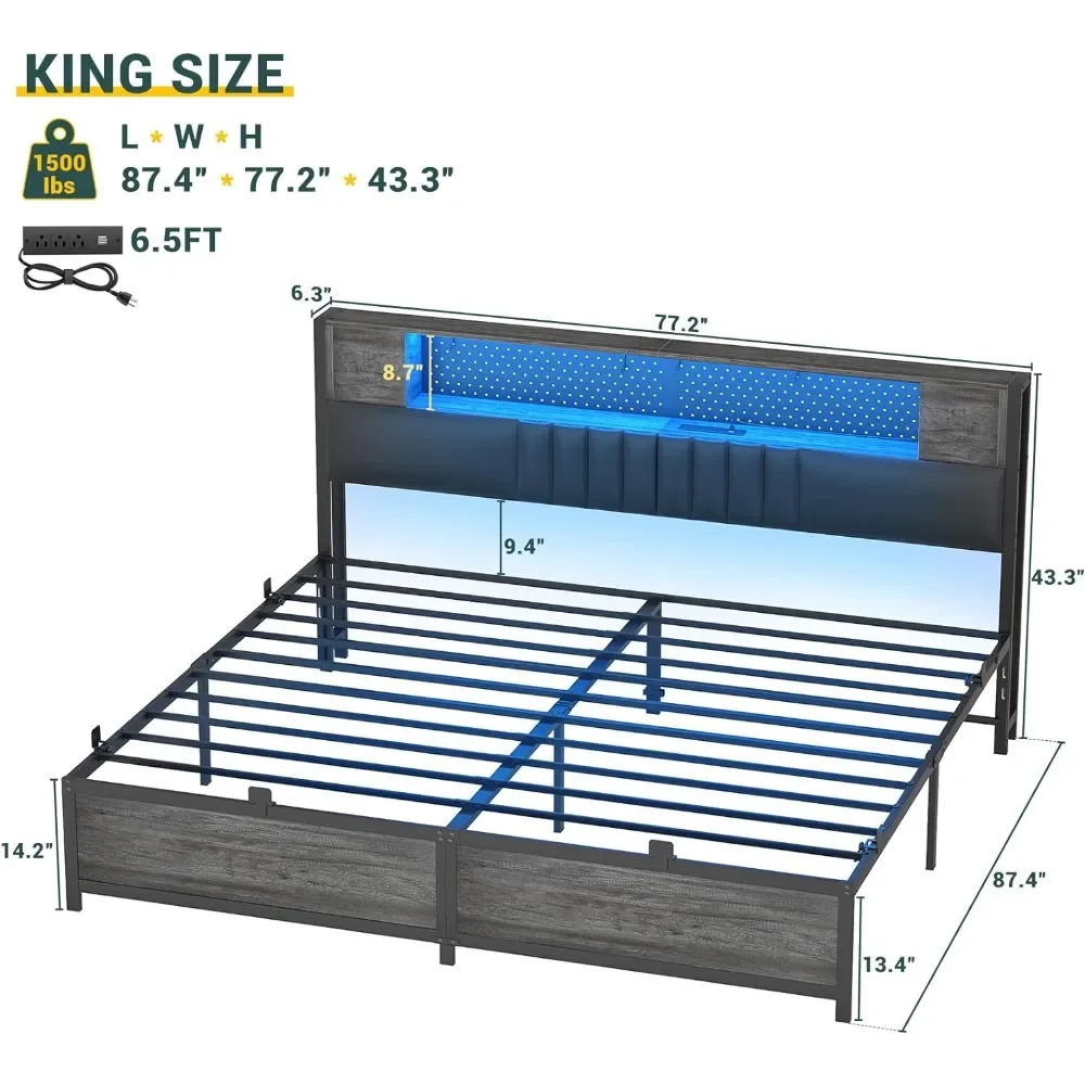 Bed Frame with LED Light & Power Outlets,Platform Bed with Upholstered Headboard and Storage,Sturdy Metal Slats Bed Frames