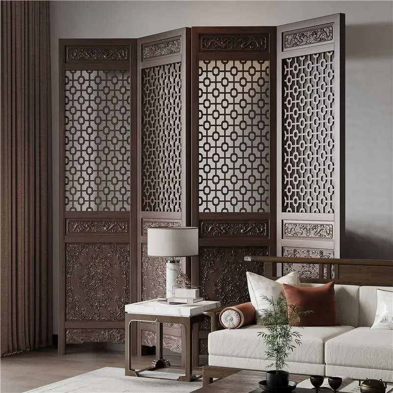 Chinese Retro Solid Wood Folding Screen Partition Living Room Decorative Relief Engraving Mobile Home Divider Foldable
