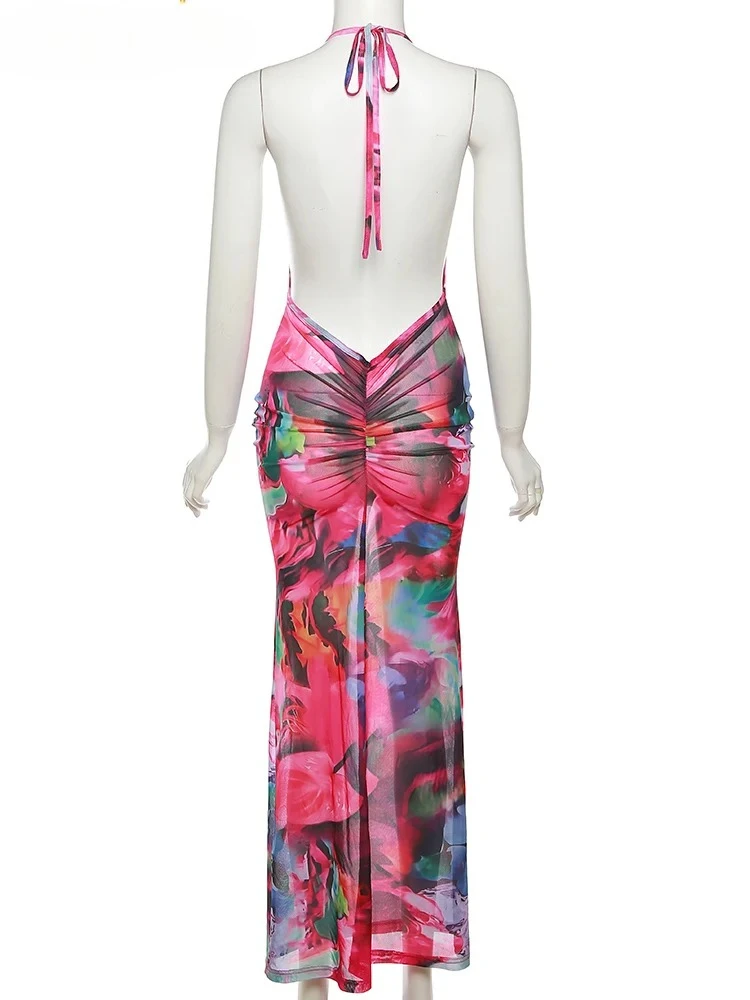 Blume Drucken Halter Frauen Kleid Backless Niedrigen Brust Sheer Sexy Bodycon Meer Party Strand Urlaub Pfirsich Hüfte Vestidos