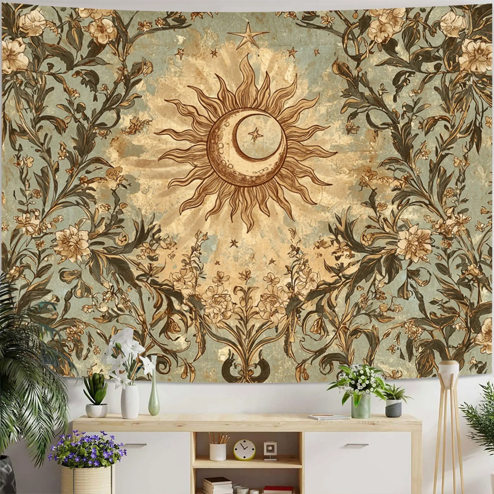 VIKAMA Vintage Bohemian Wandbehang Sonne Mond Blumenmuster Retro Mystery View Wandteppich Wohnzimmer Schlafzimmer Studentenwohnheim Heimdekoration