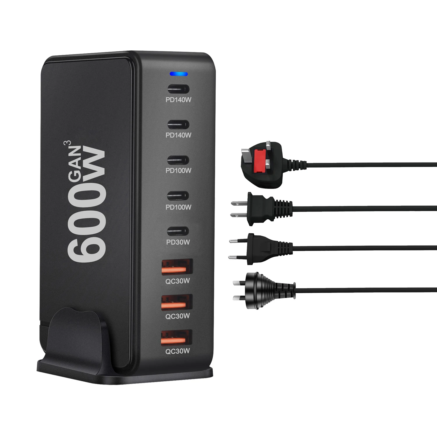 Stazione di ricarica da 600 W a 8 porte, adattatore di ricarica rapida USB C, caricabatterie intelligente ad alta velocità per iPhone, Xiaomi, Samsung, con indicatore LED