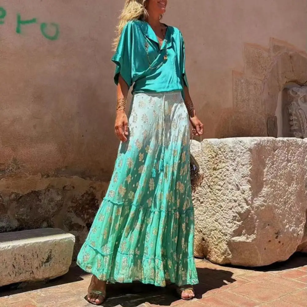 

Women High-waisted Maxi Skirt Leaf Print Maxi Skirt with Elastic Waist Ruffled Hem Women's Bright Holiday Style A-line Skirt