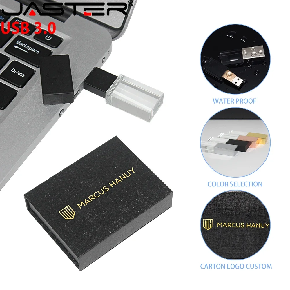 High Speed LED Crystal USB 3.0 Flash Drive 64GB Free Customized Logo Pen Drive 32GB Wedding Photography Gift Black Box U Disk