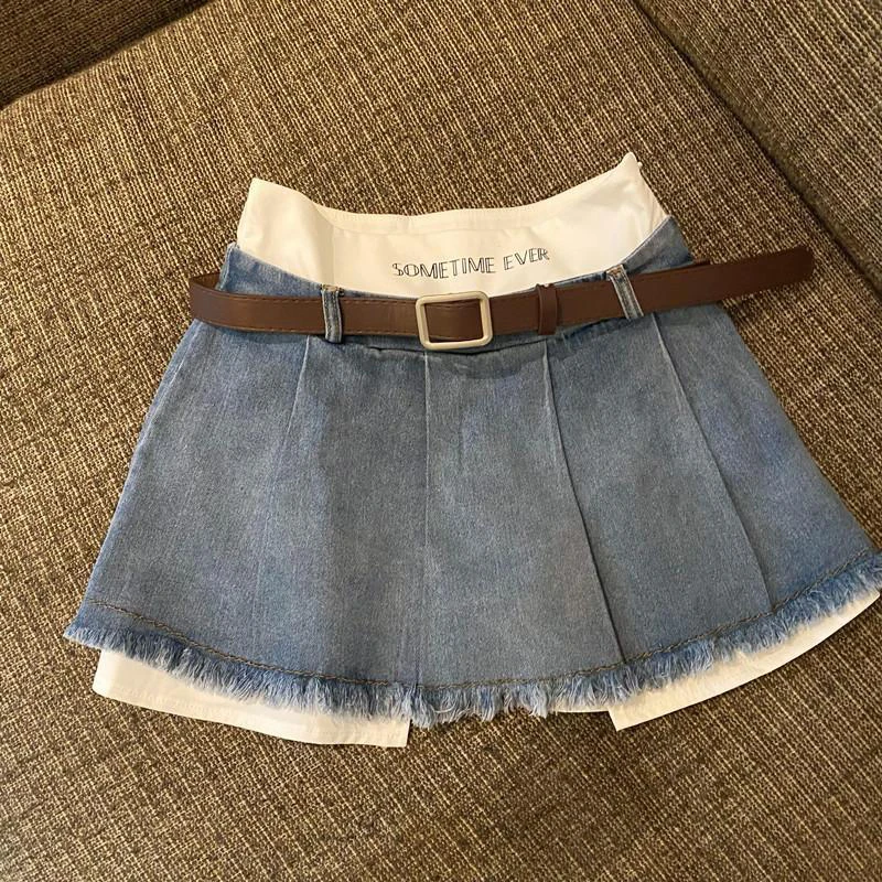 Gidyq High Waist Women Denim Skirts Summer Korean Patchwork Casual Mini Skirts Streetwear Female Tassels A Line Jeans Skirts