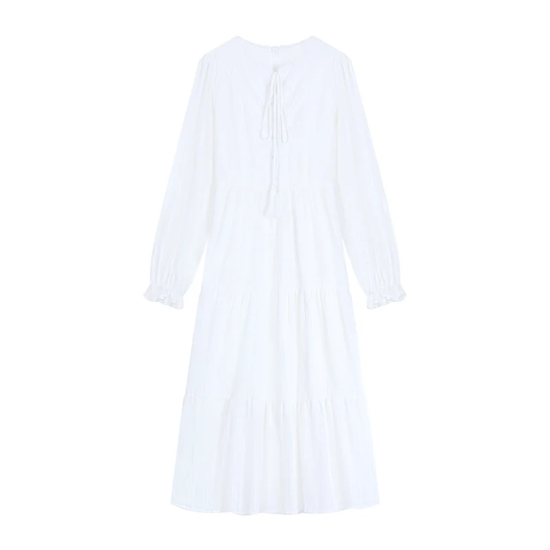 Elegant White Long Sleeve A-Line Dress Women's Autumn Gentle Wind Slimming Fairy Skirt Long Dress Casual Style Polyester Fiber