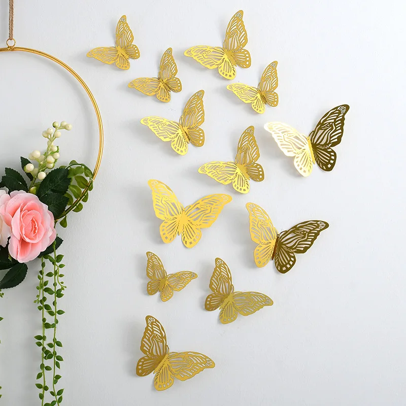 New Hollow 3D Butterfly Wall Stickers 3 Layers Gold RoseGold Decorative Butterflies for Wedding Birthday Party Decoration 12pcs