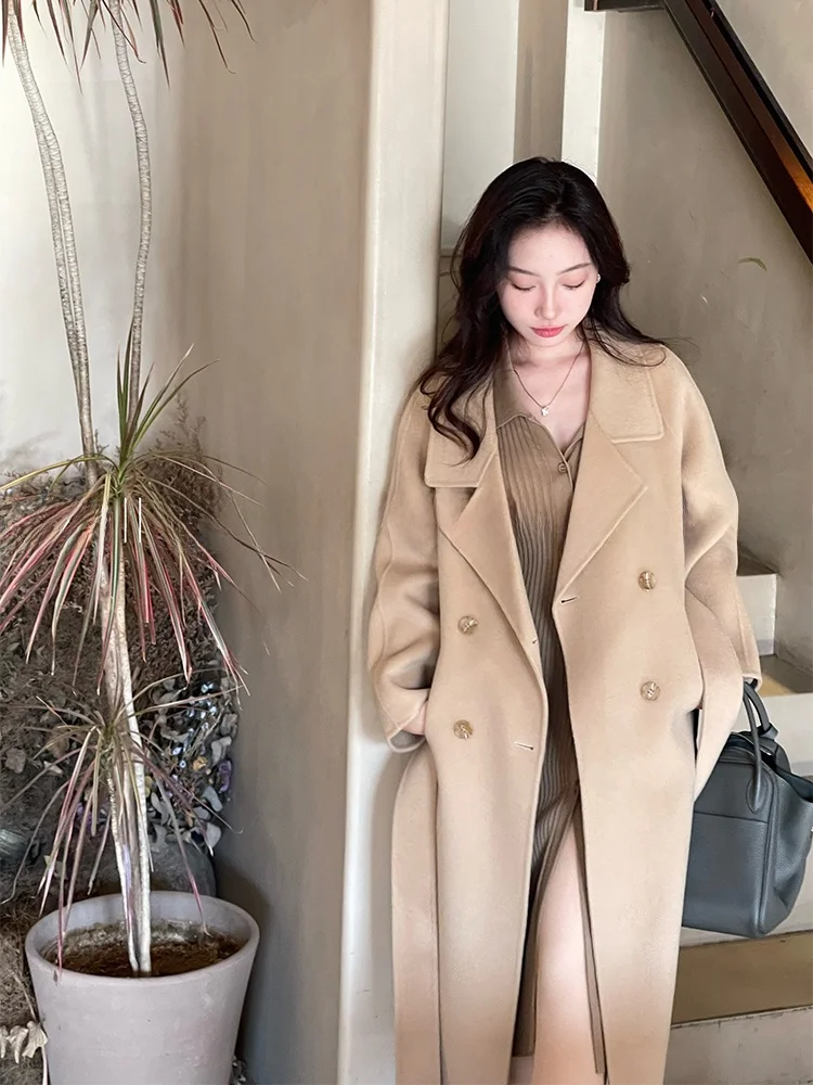 

Double-Sided Bla Woolen Coat for Women Autumn Winter High-End Suit Jaet Commute Sle Polyester Long Sve Suit C...