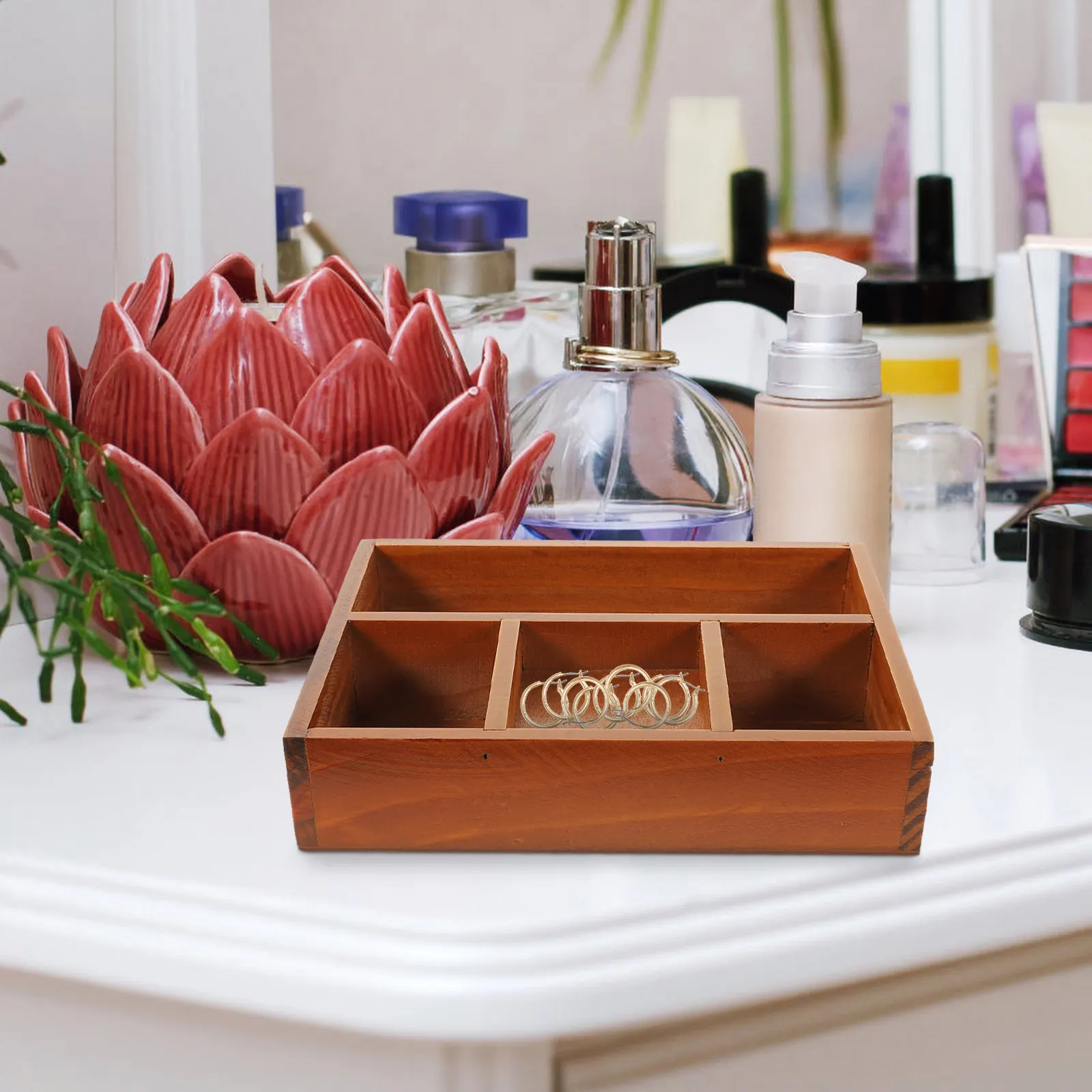 

Wooden Compartment Jewelry Tray Rectangular Makeup Organizer Decorative Vanity Storage for Perfume Cosmetics Trinkets Bathroom