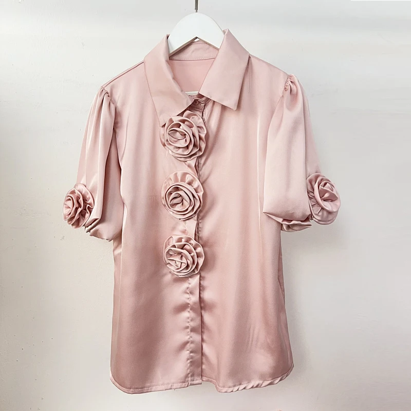 Korean Summer Women Casual White Appliques 3d Flowers Lantern Sleeve Shirt Elegant Female Acetate Satin Surface Blouse Top Mujer