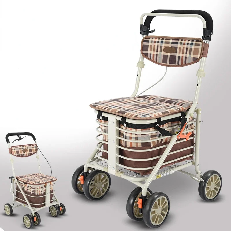 Spacious Elderly Shopping Cart, Portable Folding Trolley, Push-and-Sit Scooter, Large Capacity for Shopping, Folding Cart