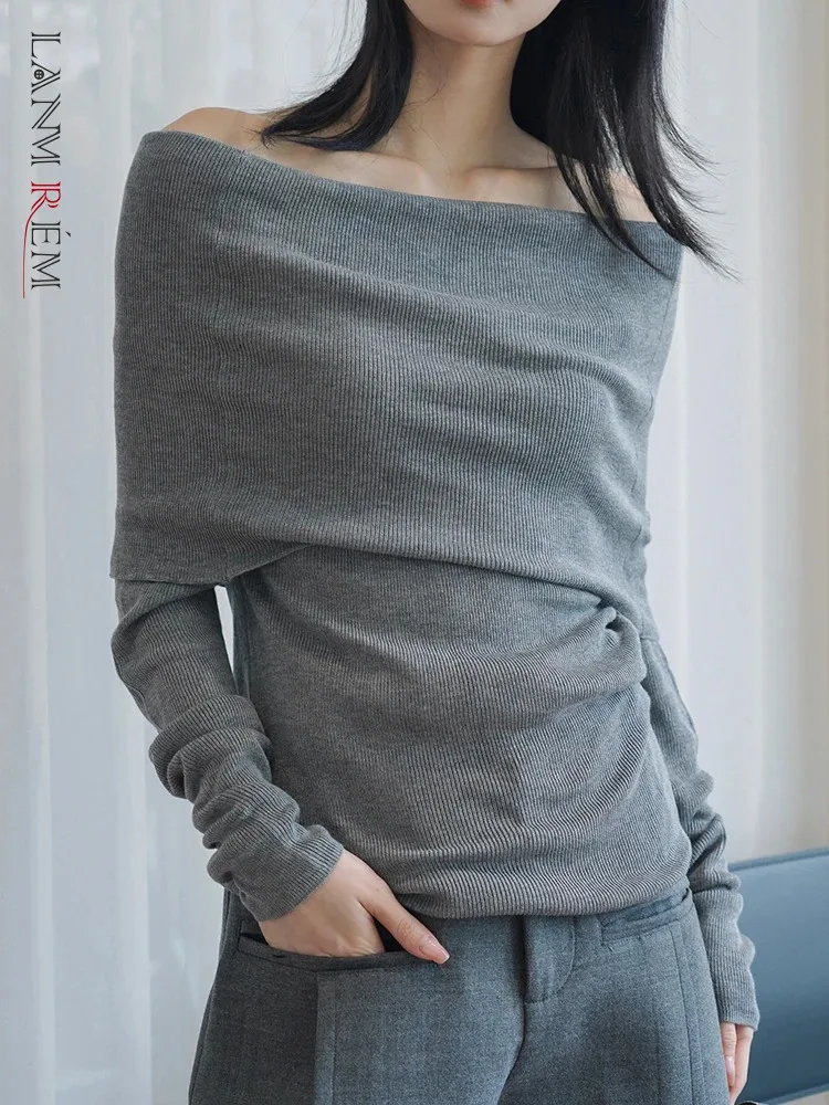 

[LANMREM] Elegant Slash Neck Pullover Sweater For Women Off Shoulder Long Sleeve Bottoming Female Tops 2024 Autumn New 26D5203