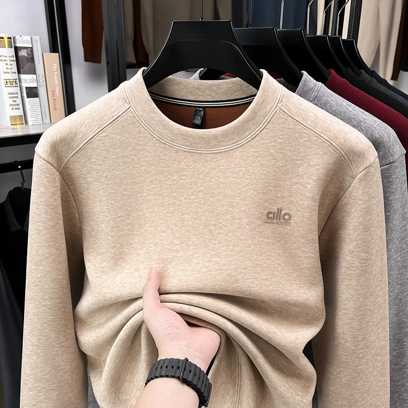 

Men's Jacquard Long Sleeved T-shirt Sweatshirt Versatile Autumn and Winter with Fleece Thick and Warm Round Neck Base T-shirt