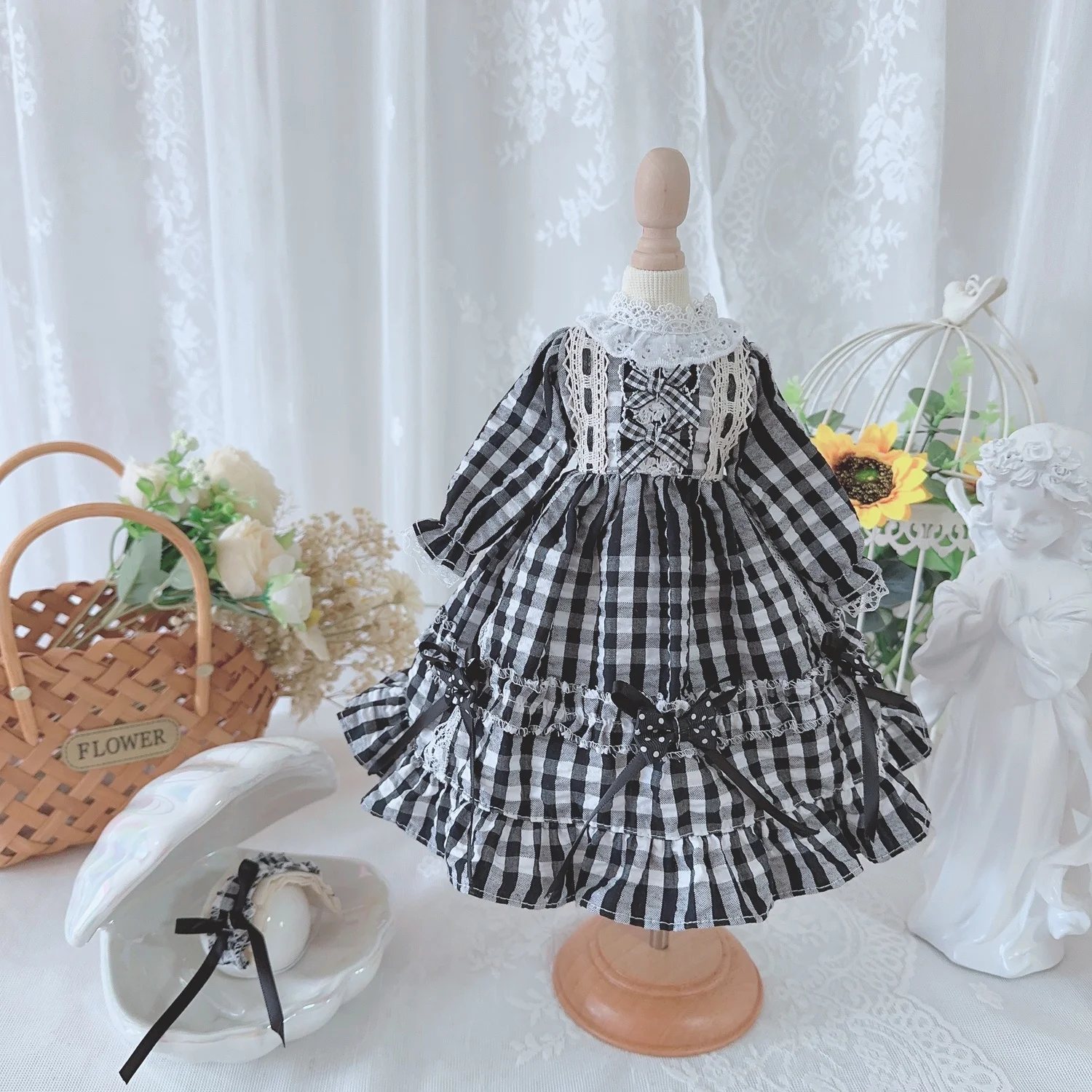 BJD Doll clothes suitable for 1/3 1/4 1/6 size black plaid long-sleeved bow dress doll accessories