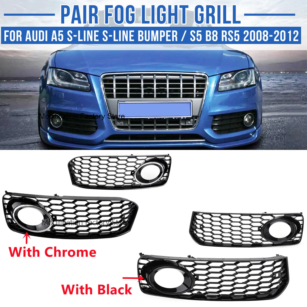 Schwarz/Chrom Paar Auto Nebelscheinwerfer Racing Grille Für Audi A5 S-Line S5 B8 RS5 2008-2012 Honeycomb Mesh Nebelscheinwerfer Abdeckung Grille