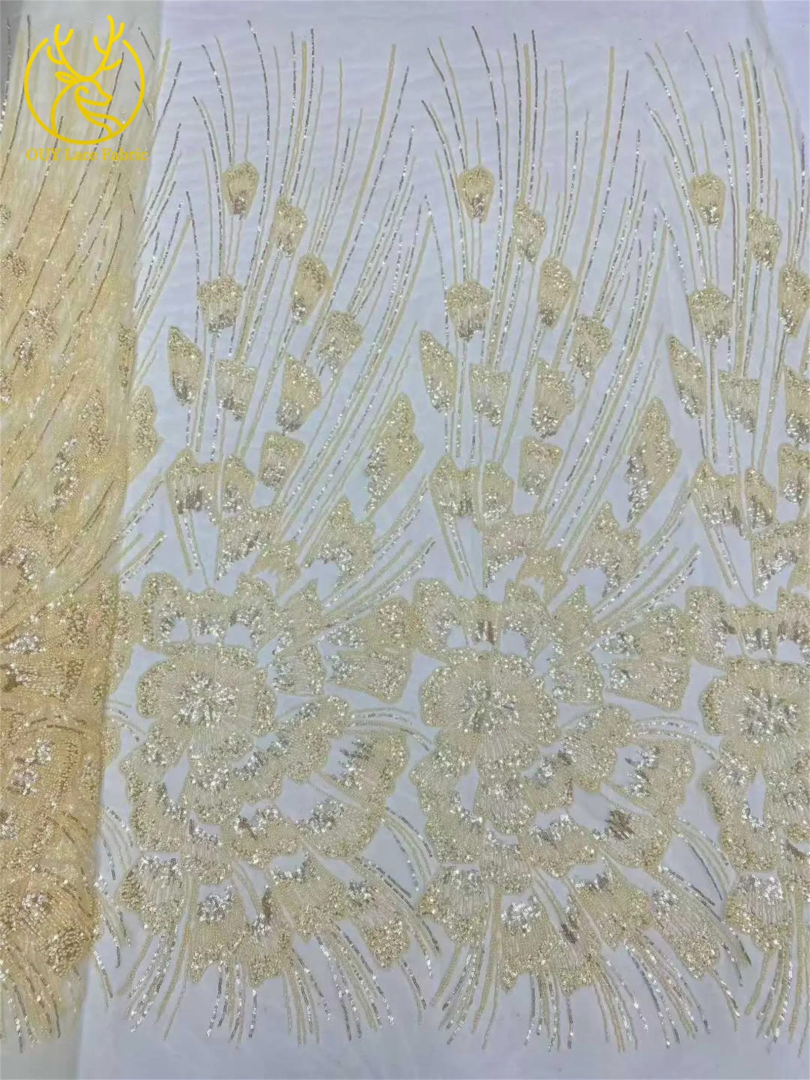 Luxuriöser Afrikanischer Pailletten-Perlen-Spitzenstoff 5 Yards Französischer Nigerianischer Tüll-Spitzenstoff Geeignet für Hochzeiten und Näharbeiten – Detail 15